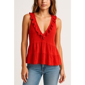 Free People Red Ruffled Linen Blend Sleeveless Peplum Tank Top Medium